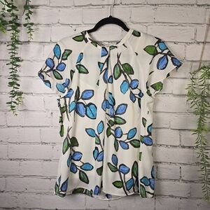 LIZ CLABORNE FLORAL PRINT BLOUSE, CAP SLEEVE, SEMI SHEER. WHITE GREEN BLUE. LG